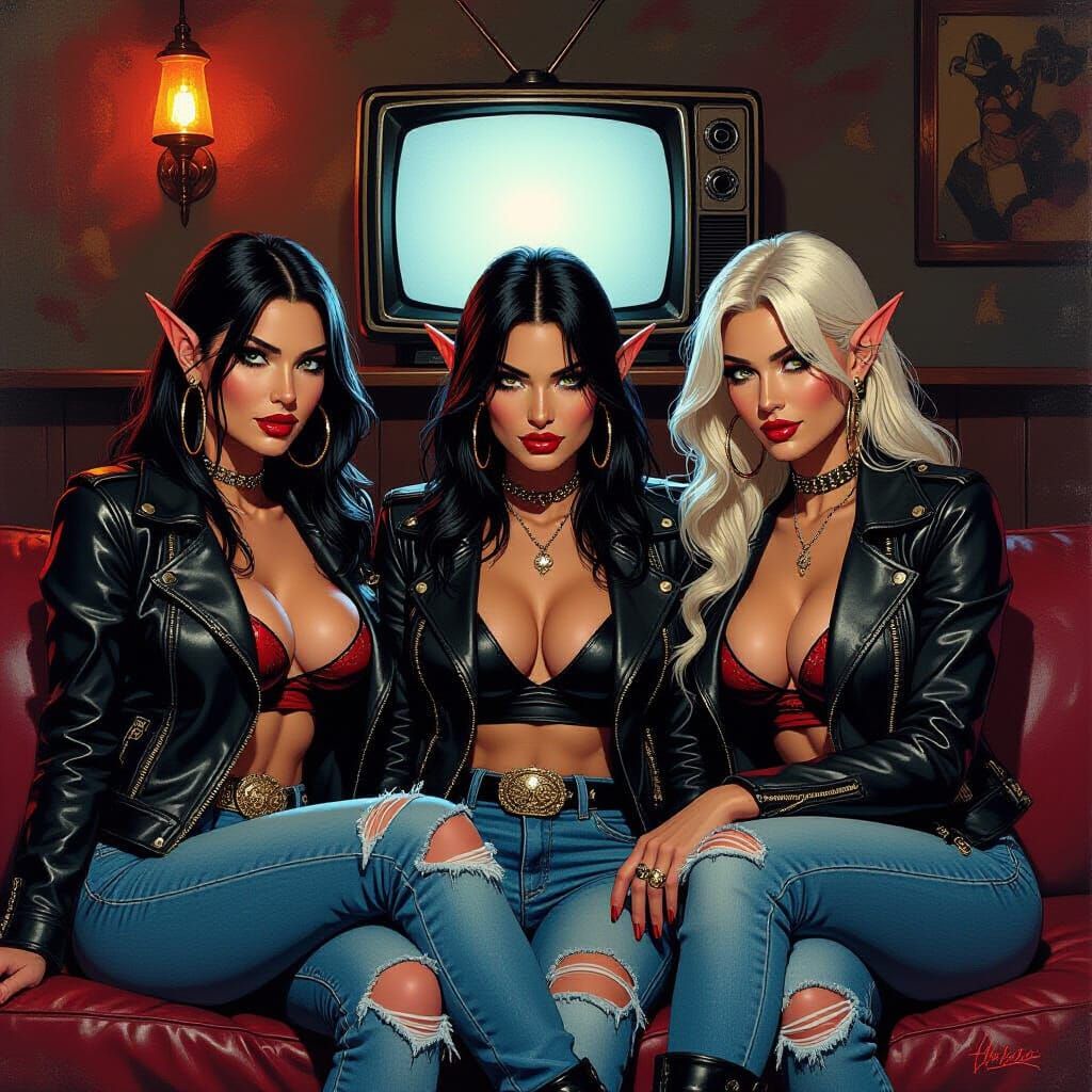 Voluptuous Biker Elves Watching TV in Comic Book Style