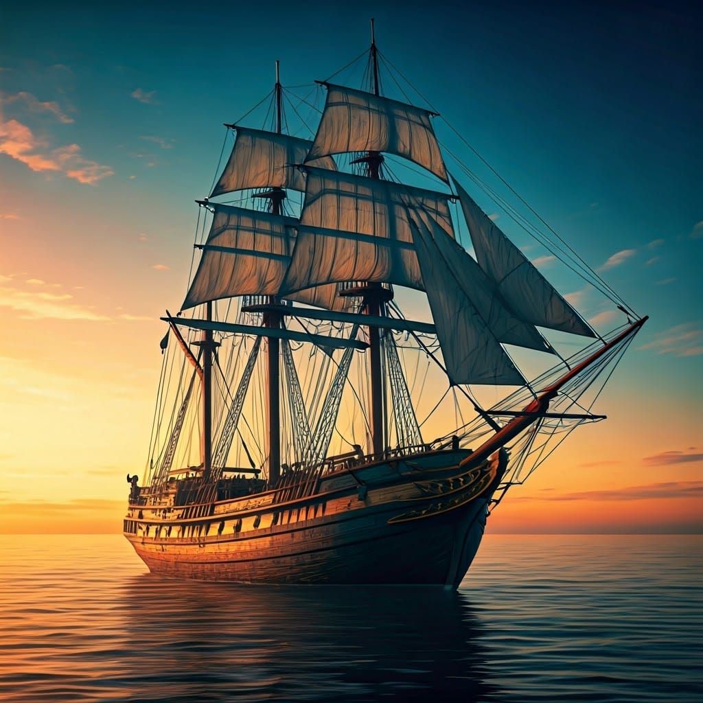 Whaling Ship in Dreamlike Orange and Blue Sky