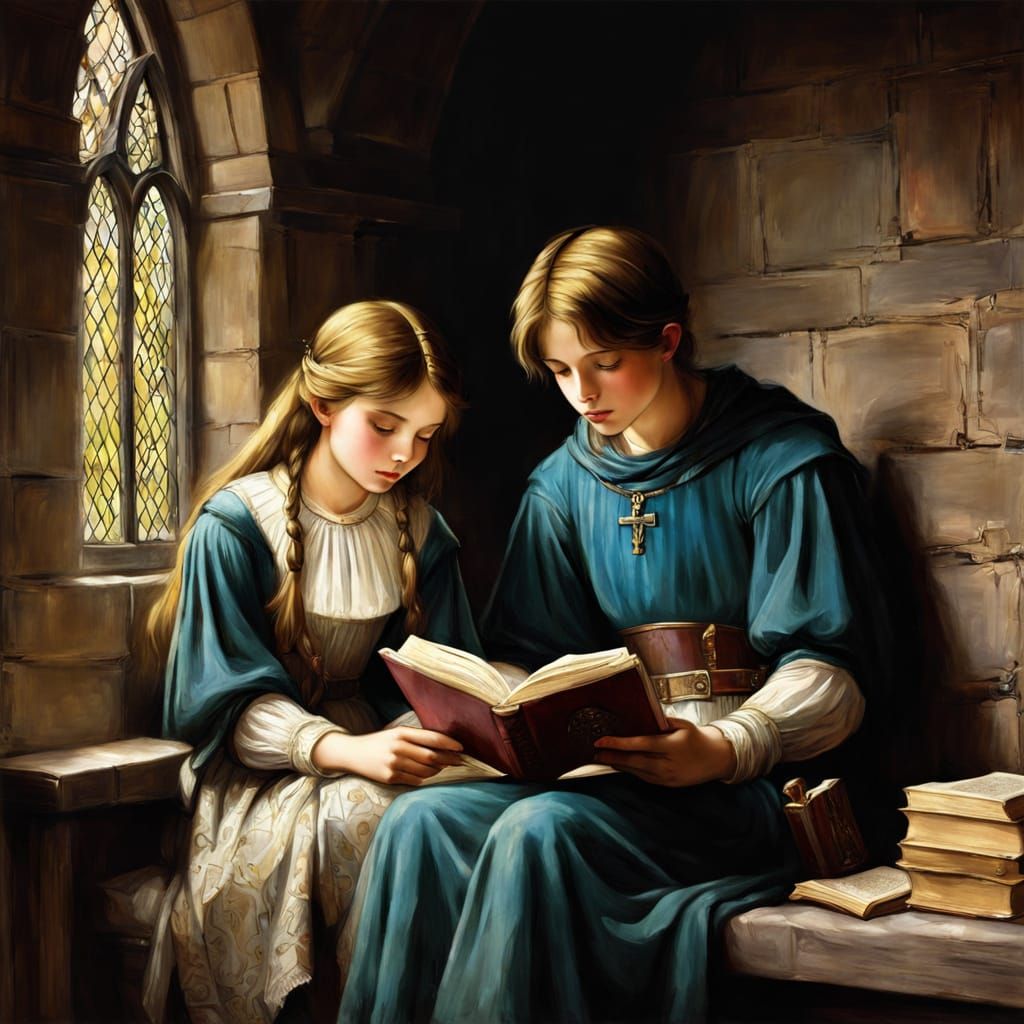 Medieval Siblings Reading Book in Chiaroscuro Style