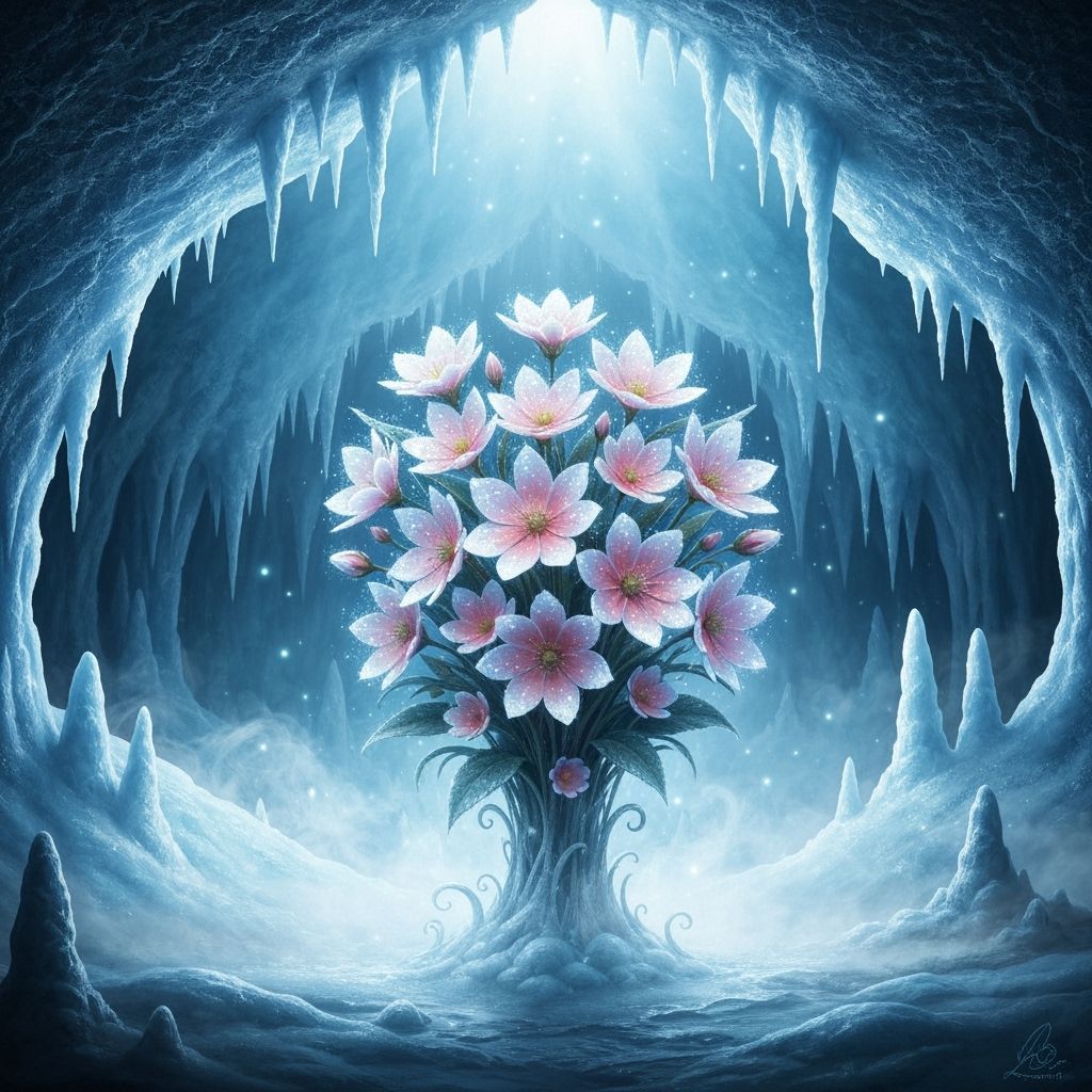 Vibrant Blossoms Thrive in Ethereal Snowy Cavern