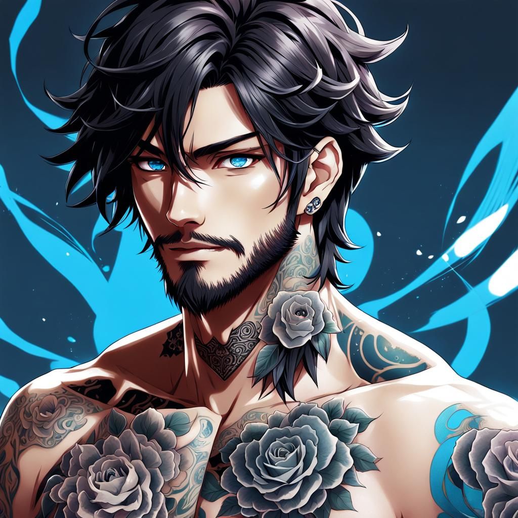 Anime Style Tattooed Man with Blue Eyes