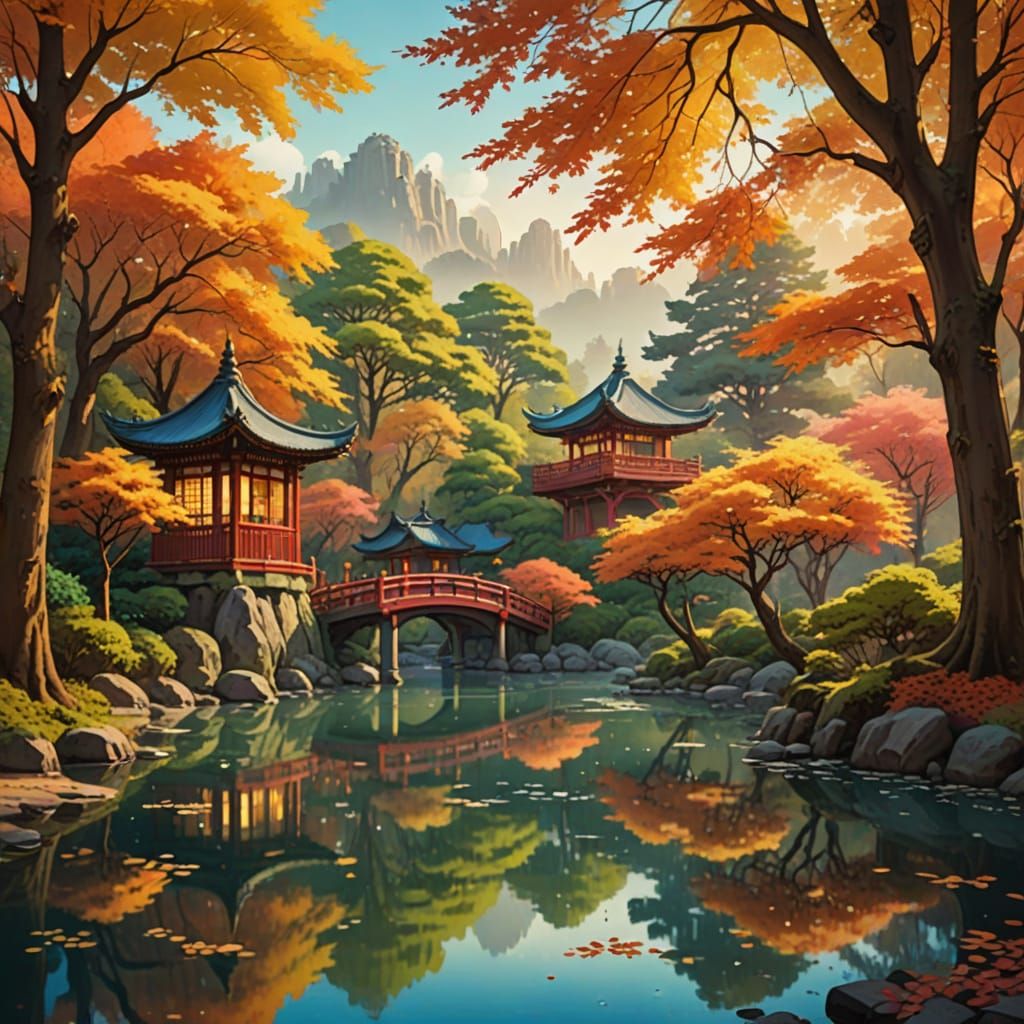 Autumn Forest River Scene in Studio Ghibli Style