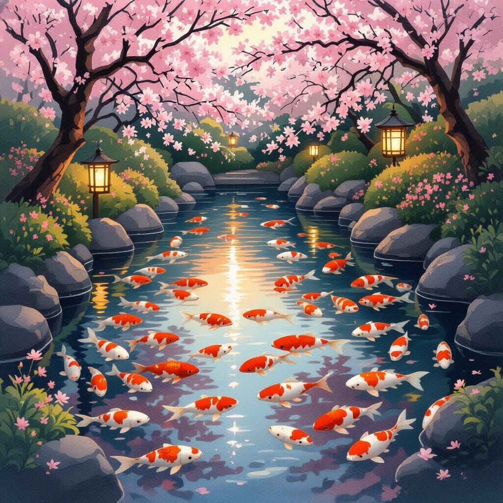 Koi Pond at Twilight: Watercolor Painting