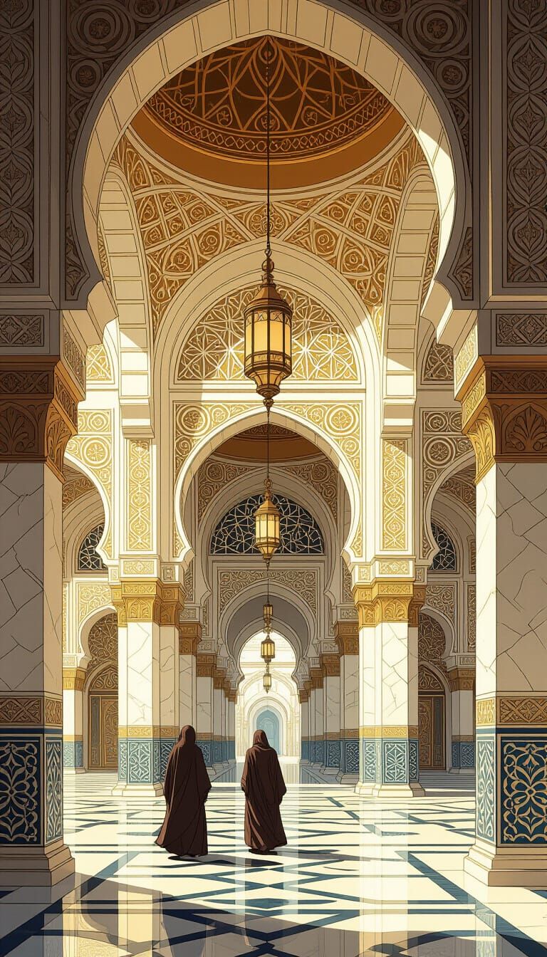 Intricate Arabesque Architecture with Cross Hatch Patterns