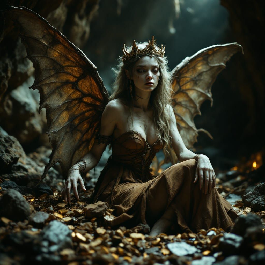 Cave Fairy Queen Guarding Treasure in Cinematic Film Still