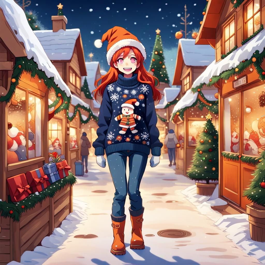 Woman in Christmas Sweater Walking Through Village in Anime ...