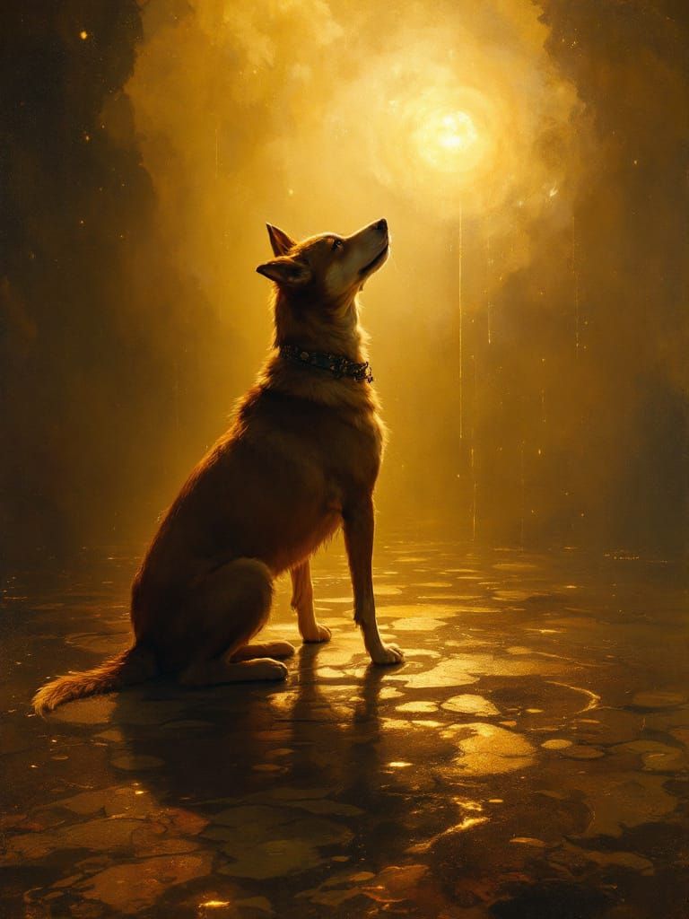 Dog Bathed in Golden Light with Reflective Ground