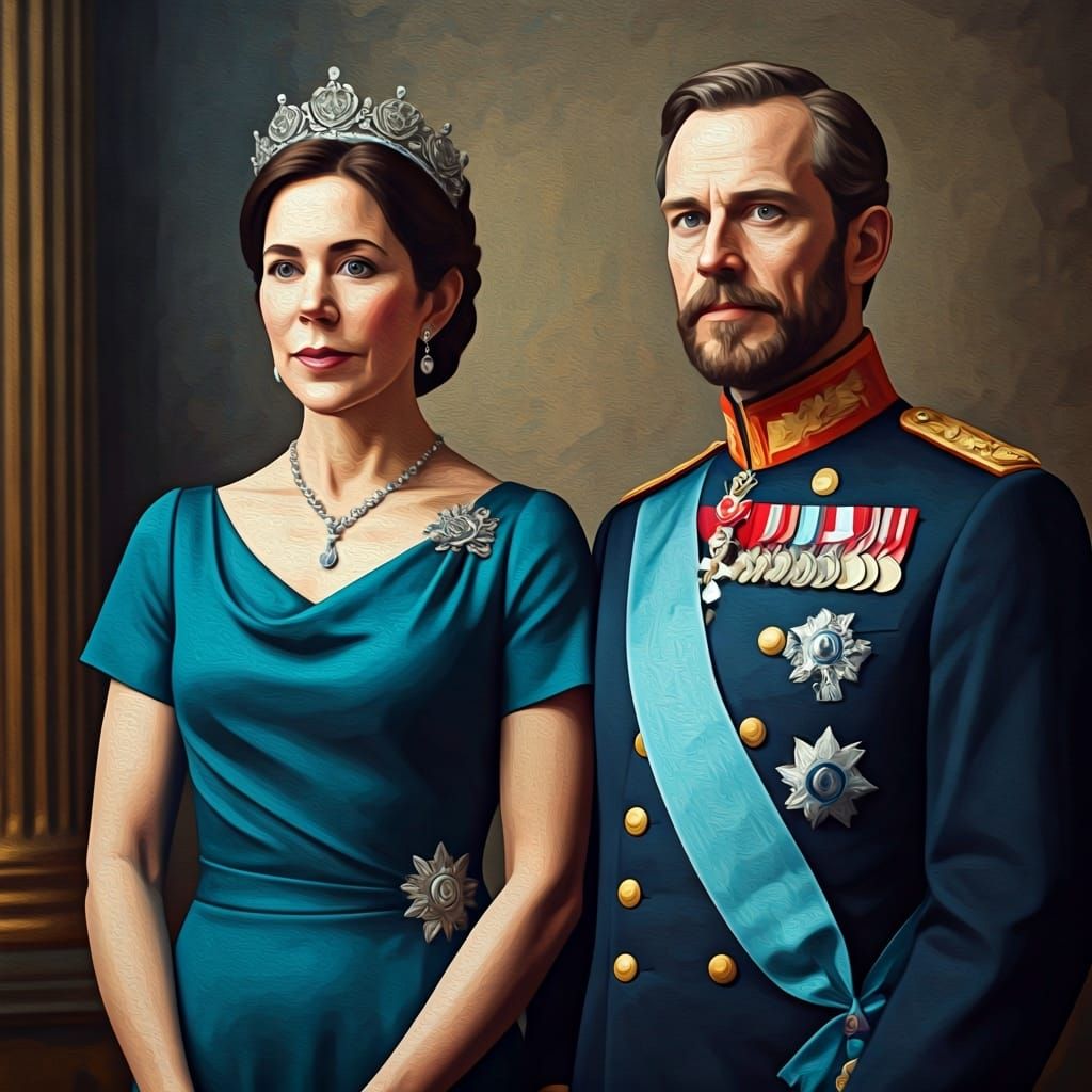 A royal Portrait of King Federik X and Queen Mary of Denmark...
