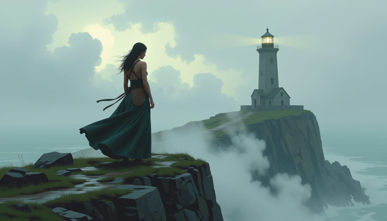 Eerie Coastal Lighthouse Keeper in Dark Fantasy Style