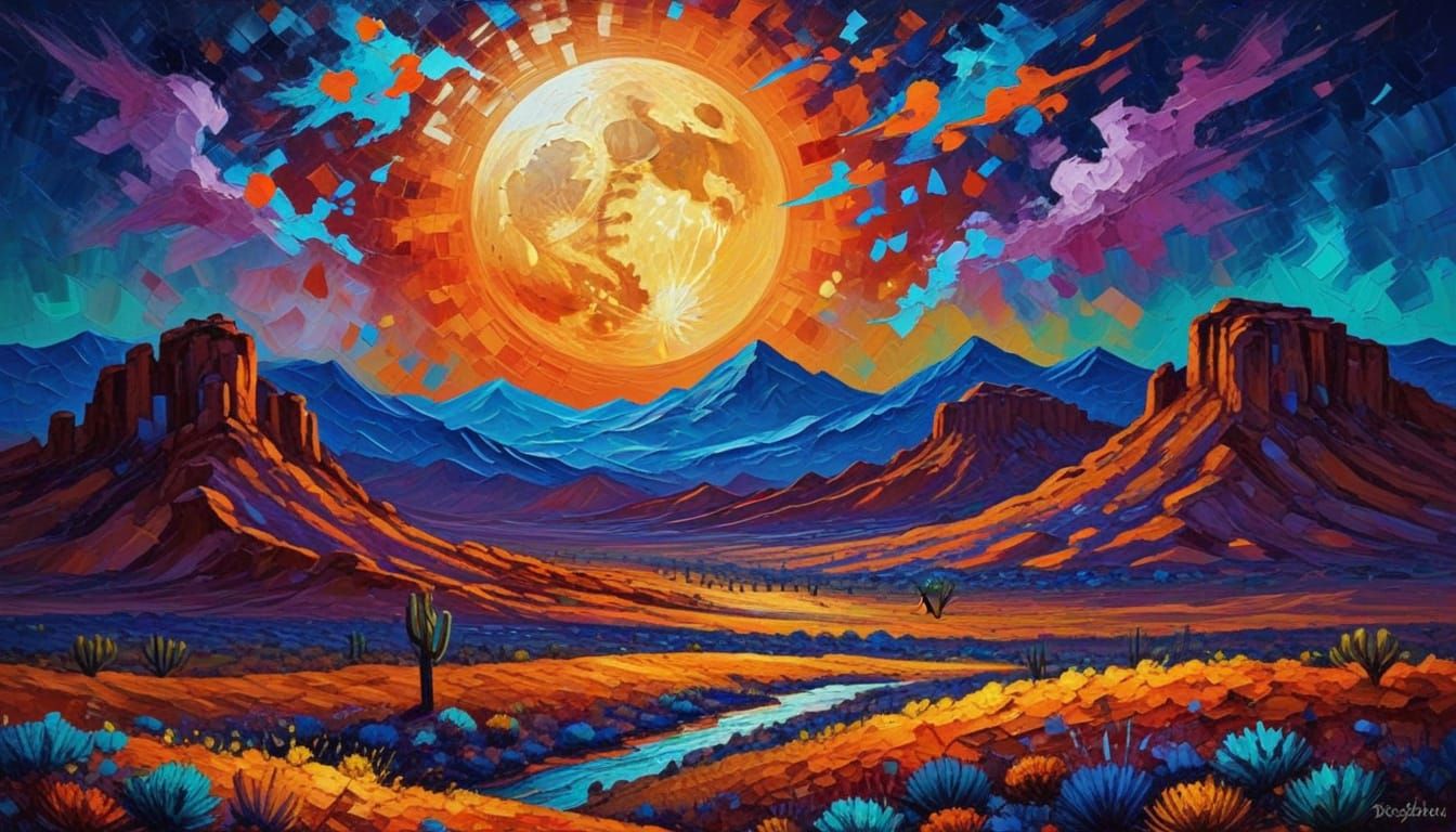 Vibrant Desert Super Moon in Neo-Expressionist Oil Painting