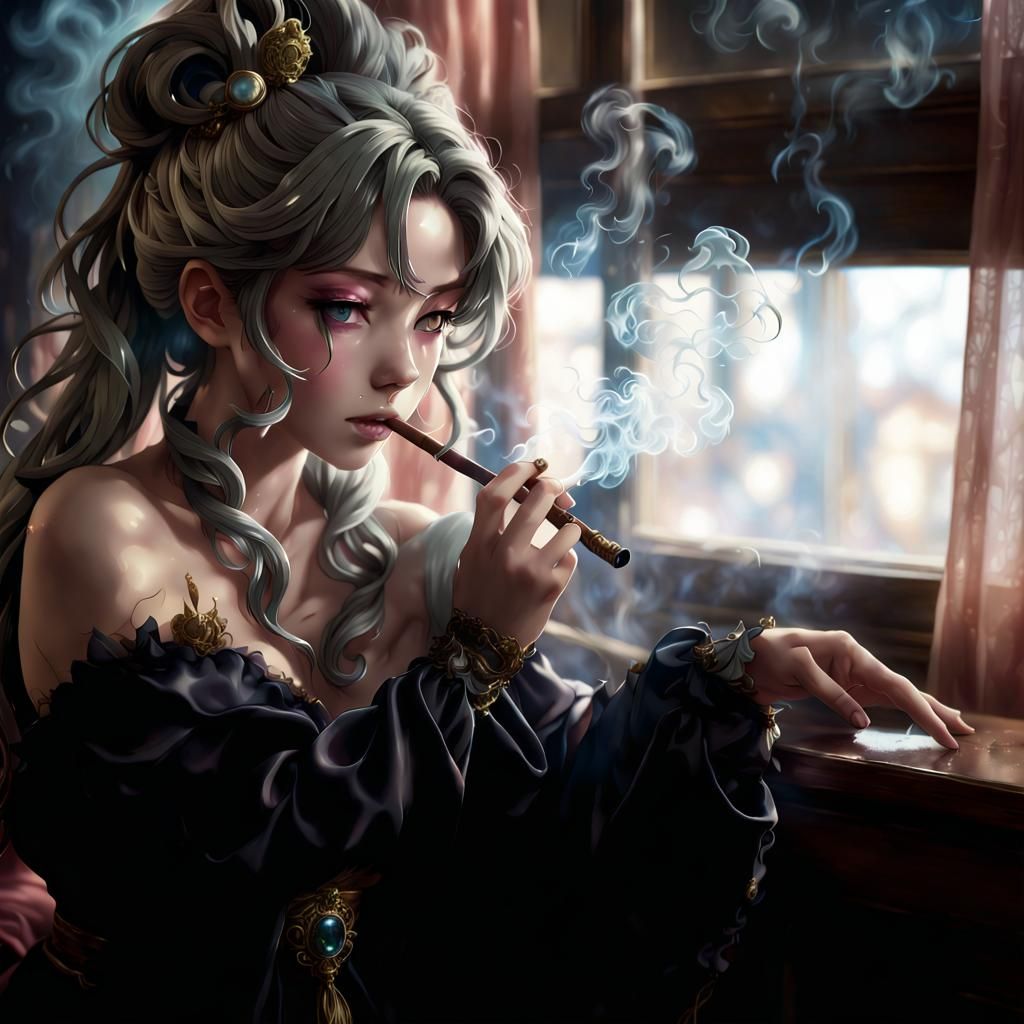 Kitten Courtesan Smoking Pipe in Moonlit Bordello