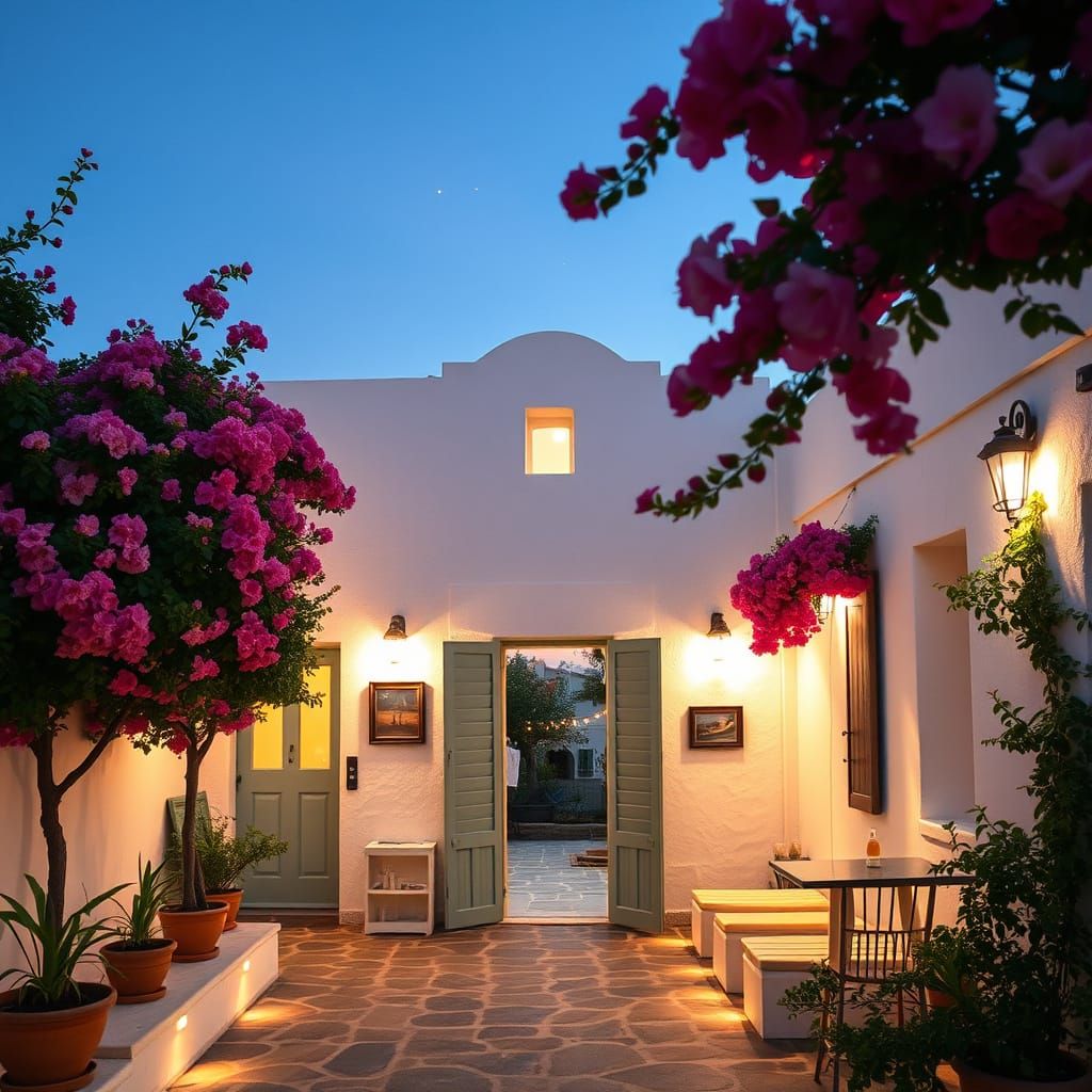 Greece: Cozy Taverna at Dusk with Elegant Bougainvilleas