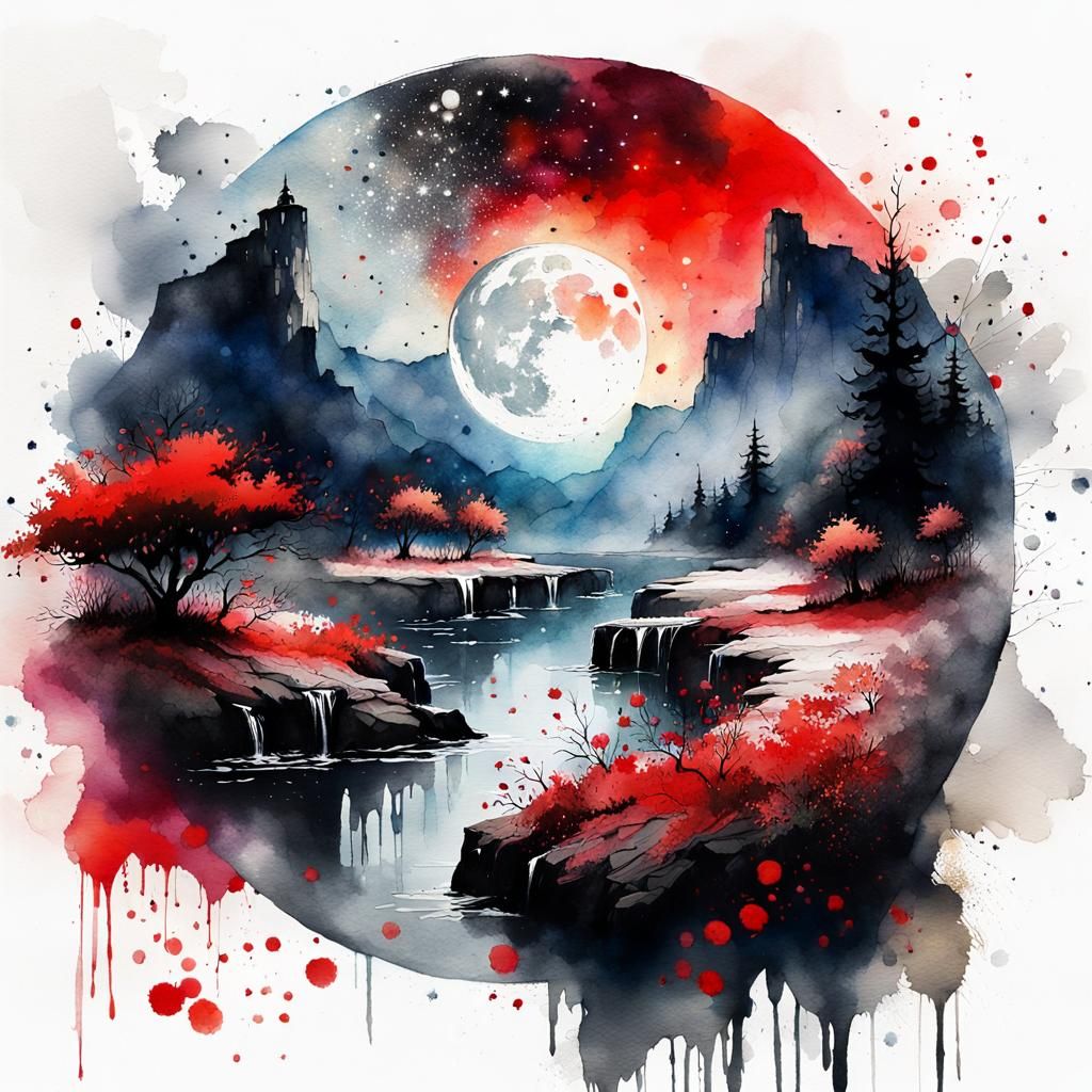 Lush Moonlit Summer Landscape in Watercolor Style