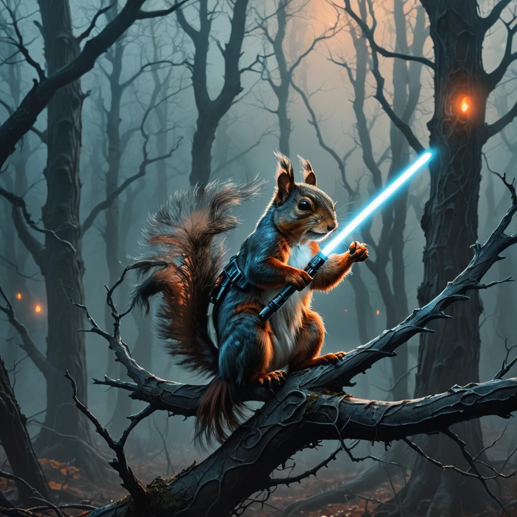 Squirrel with Lightsaber in Dark Fantasy Forest