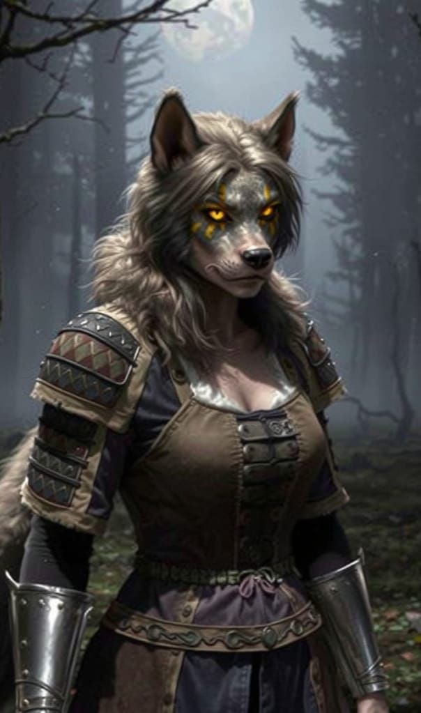 Werewolf Woman in Forest at Night