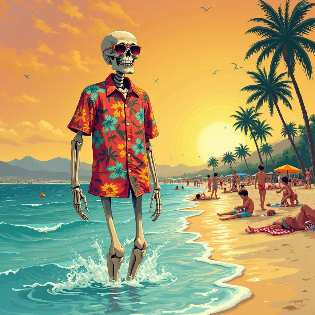 Vibrant Beach Party Skeleton in Hawaiian Shirt