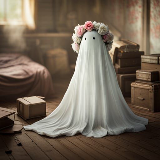 Bioluminescent Ghost with Flower Crown in Haunted Attic