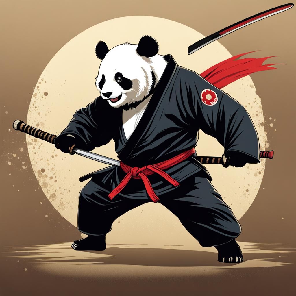 Panda in Judo Uniform Swinging Katana