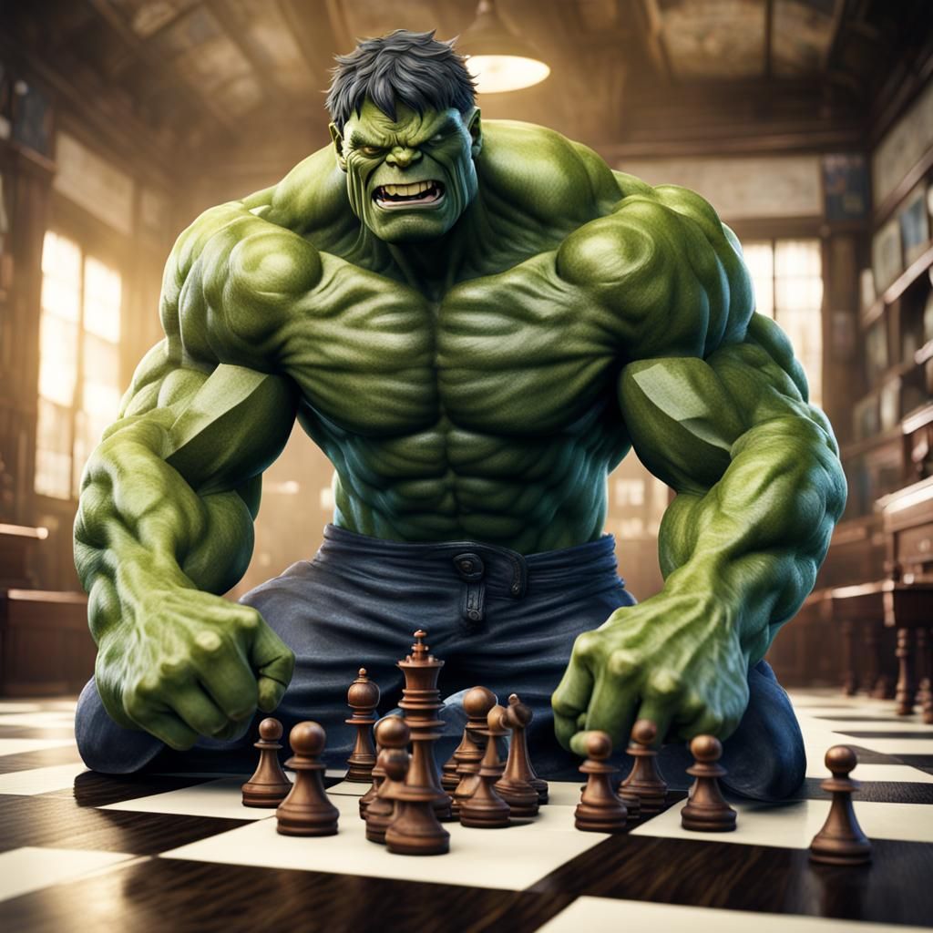 The Hulk Playing Chess with a Happy Smile
