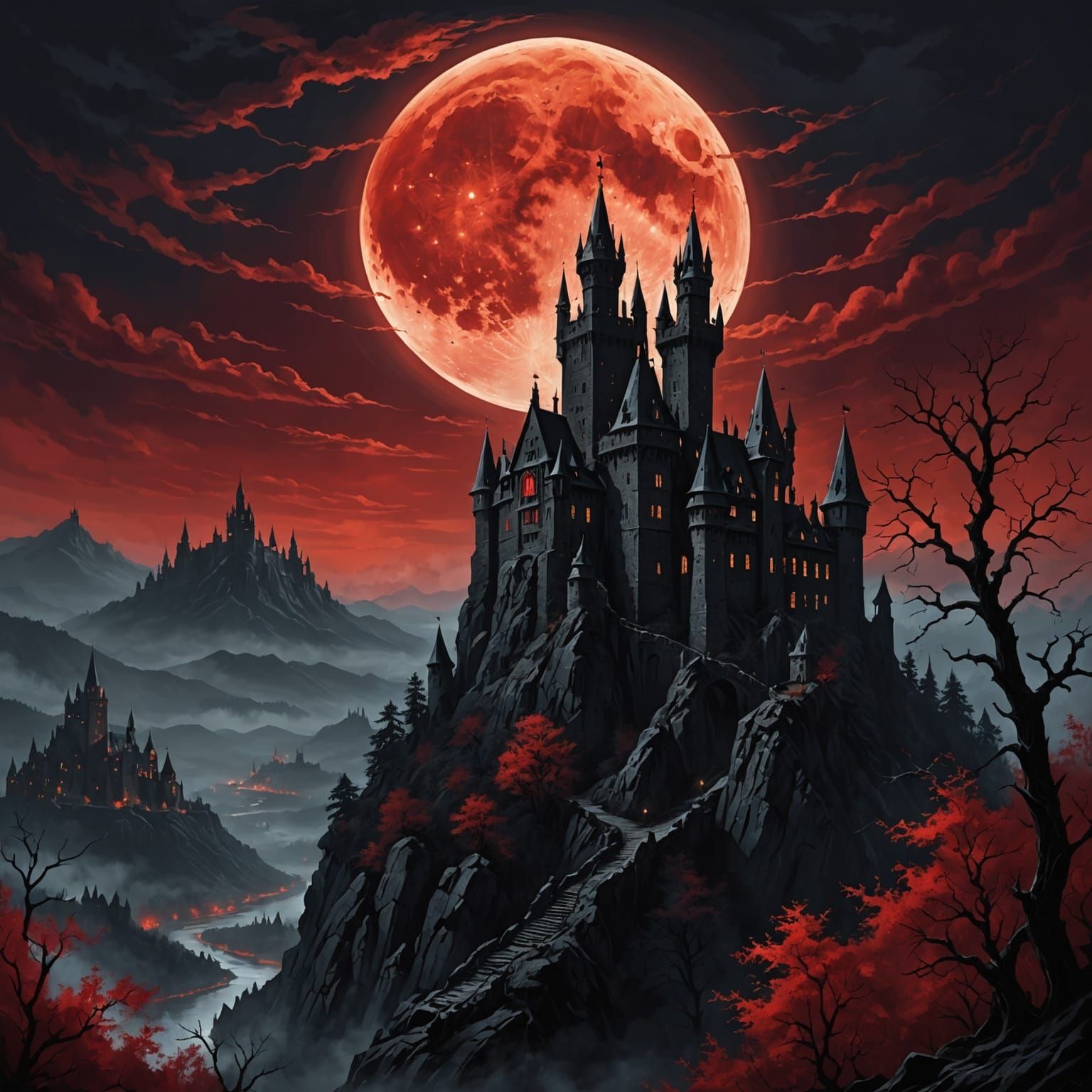 Gothic Castle Under Blood Moon in Dark Fantasy Style