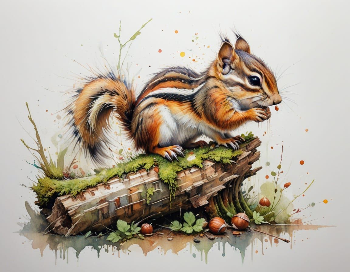 Chipmunk Nibbling Hazelnut on Mossy Log