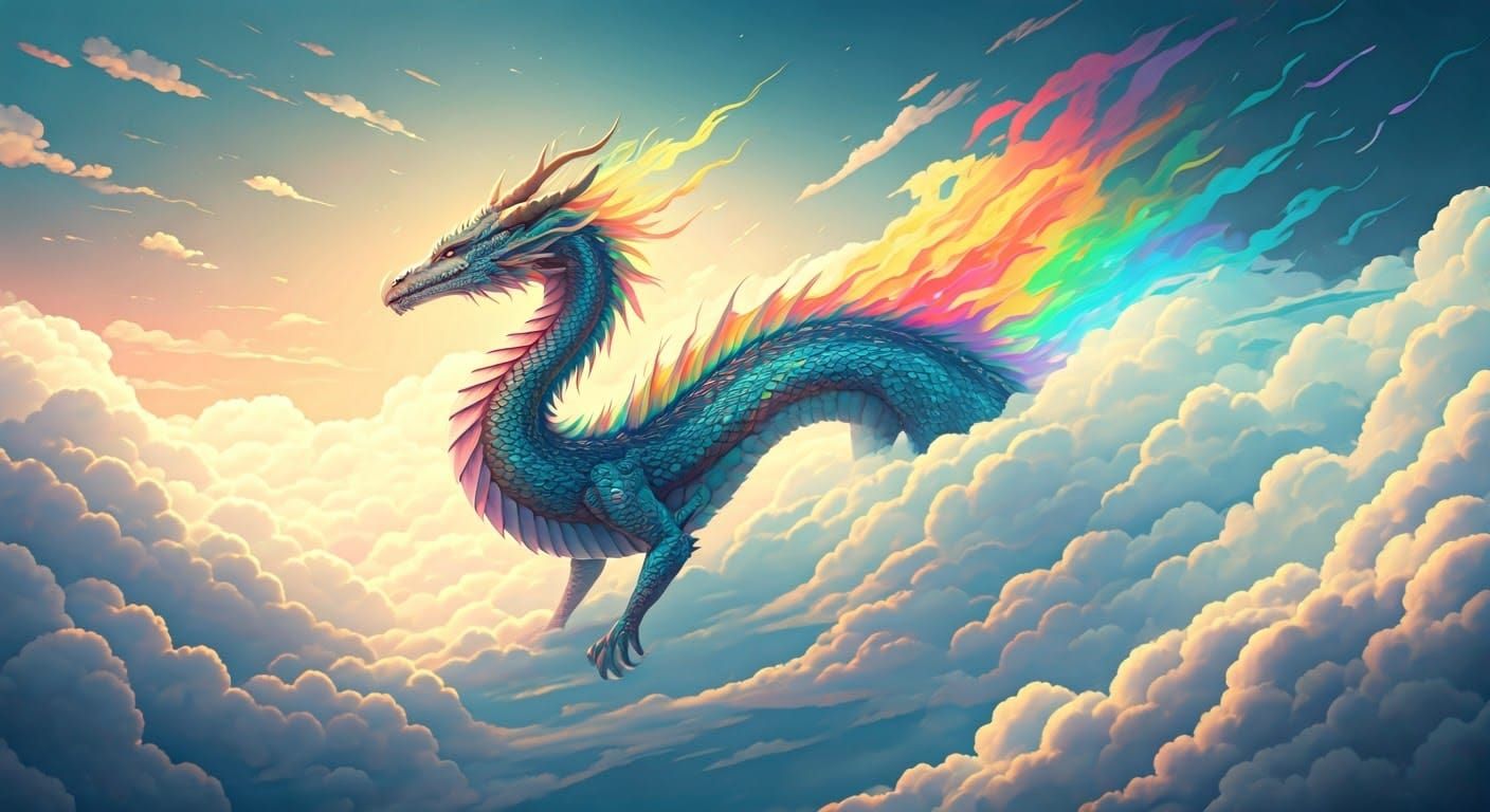 Ethereal Dragon-Rainbow Hybrid Soaring Among Clouds