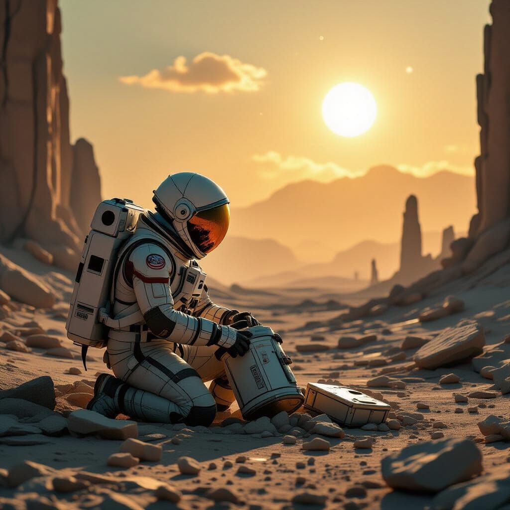 Astronaut Salvages Unit on Alien Ruins Under Binary Sunset