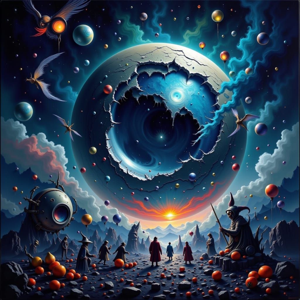 Surreal Marketplace on Crumbling Moon in Giger Style