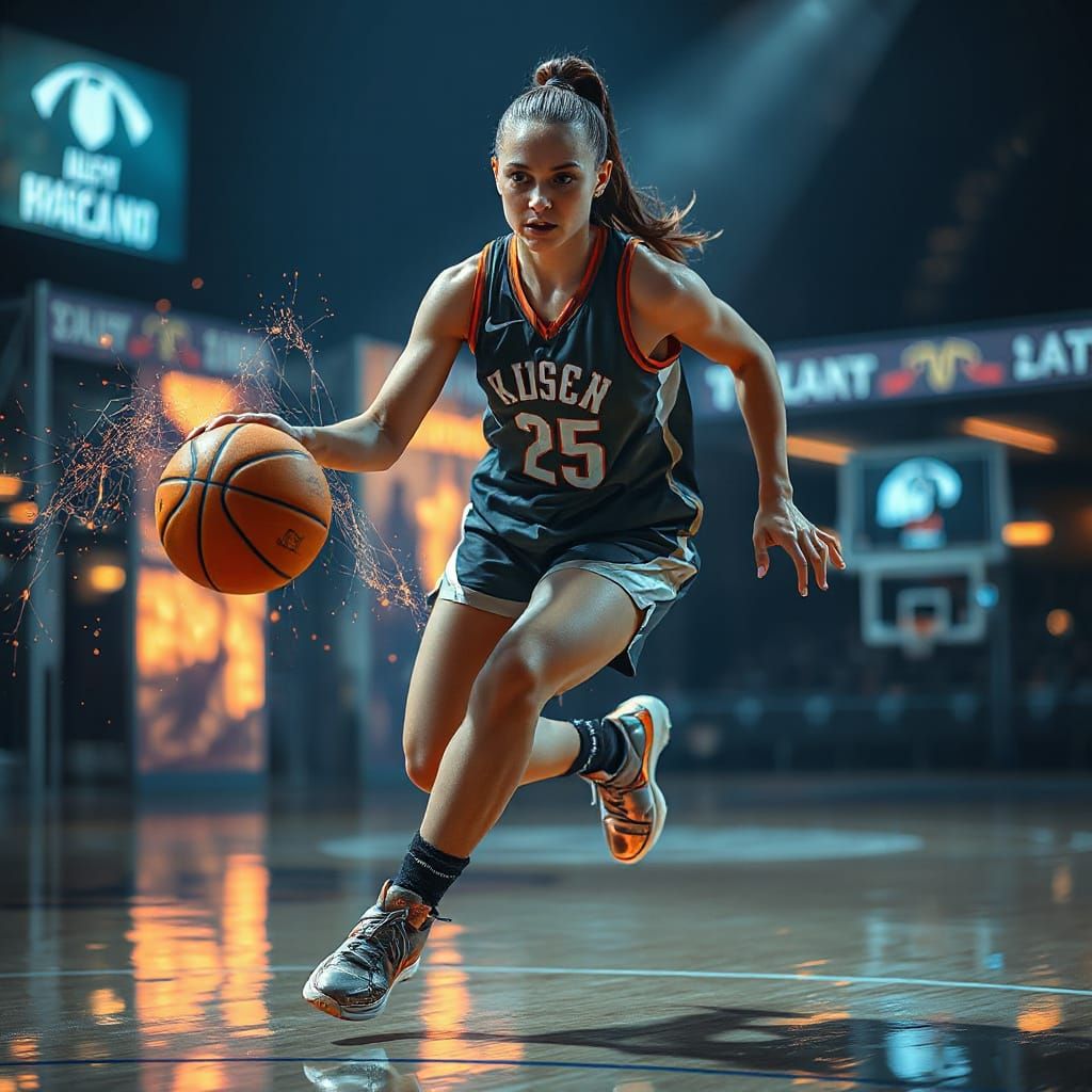 Futuristic Basketball Player Dribbling with Glowing Accents