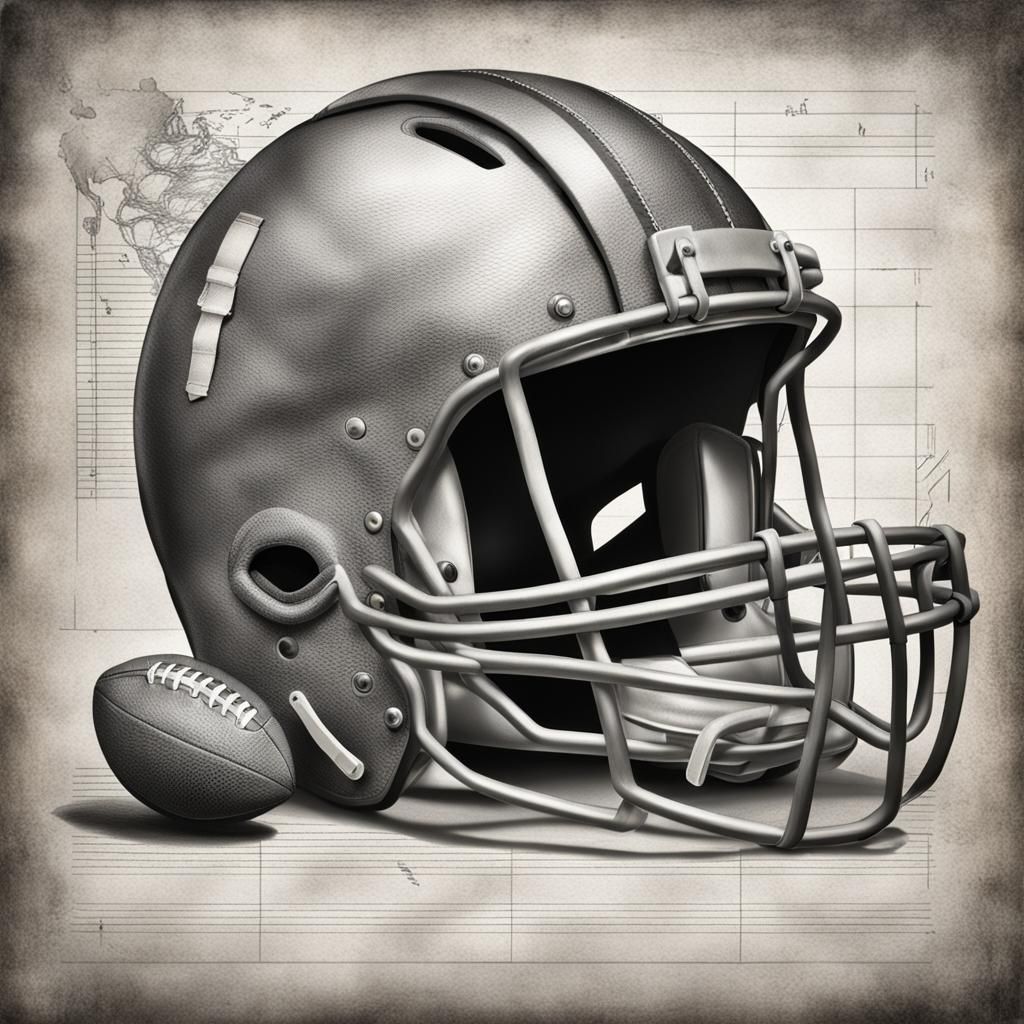 Leather helmet era American football, pencil and paper, grey...
