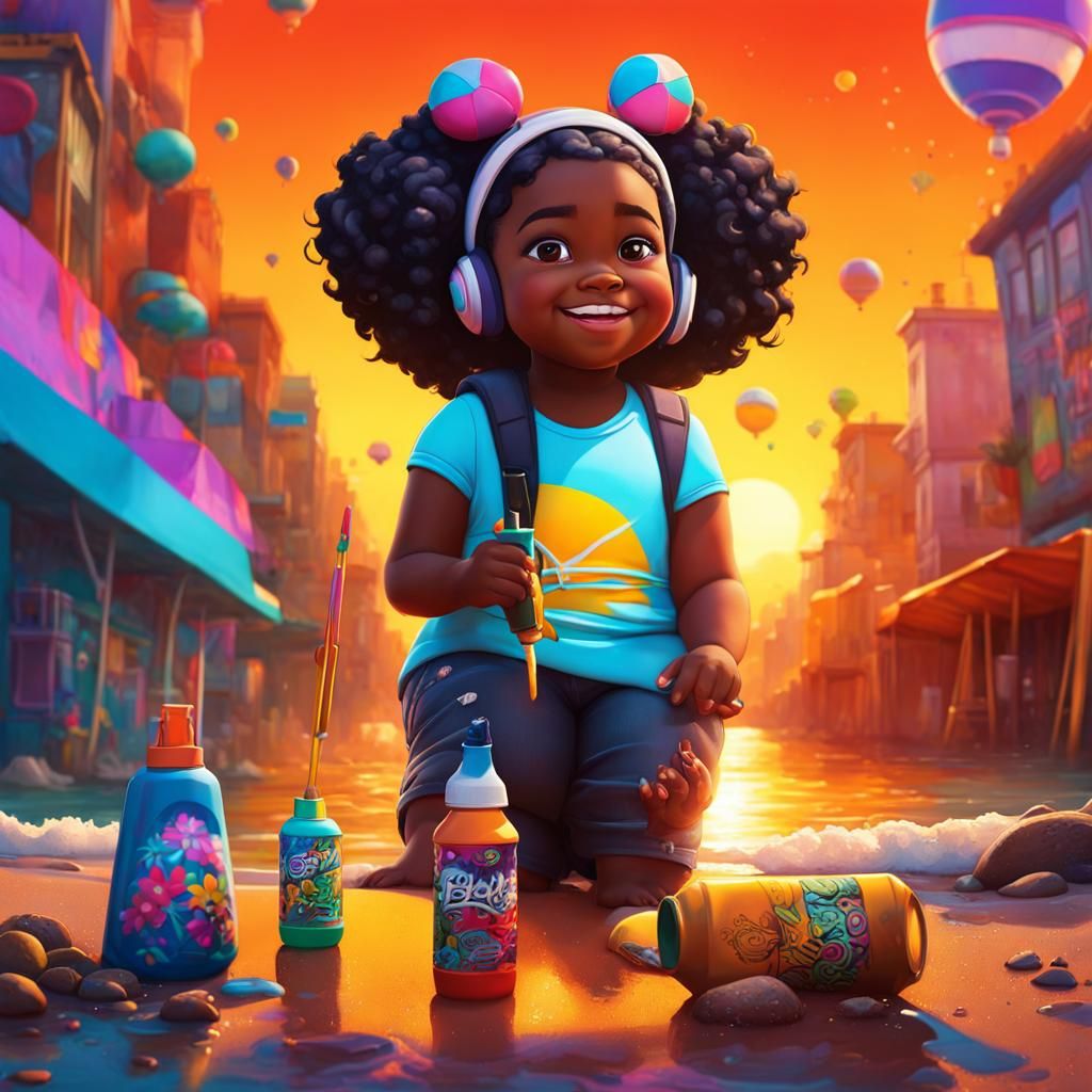 Black Girl at Beach with Friends in Graffiti Art