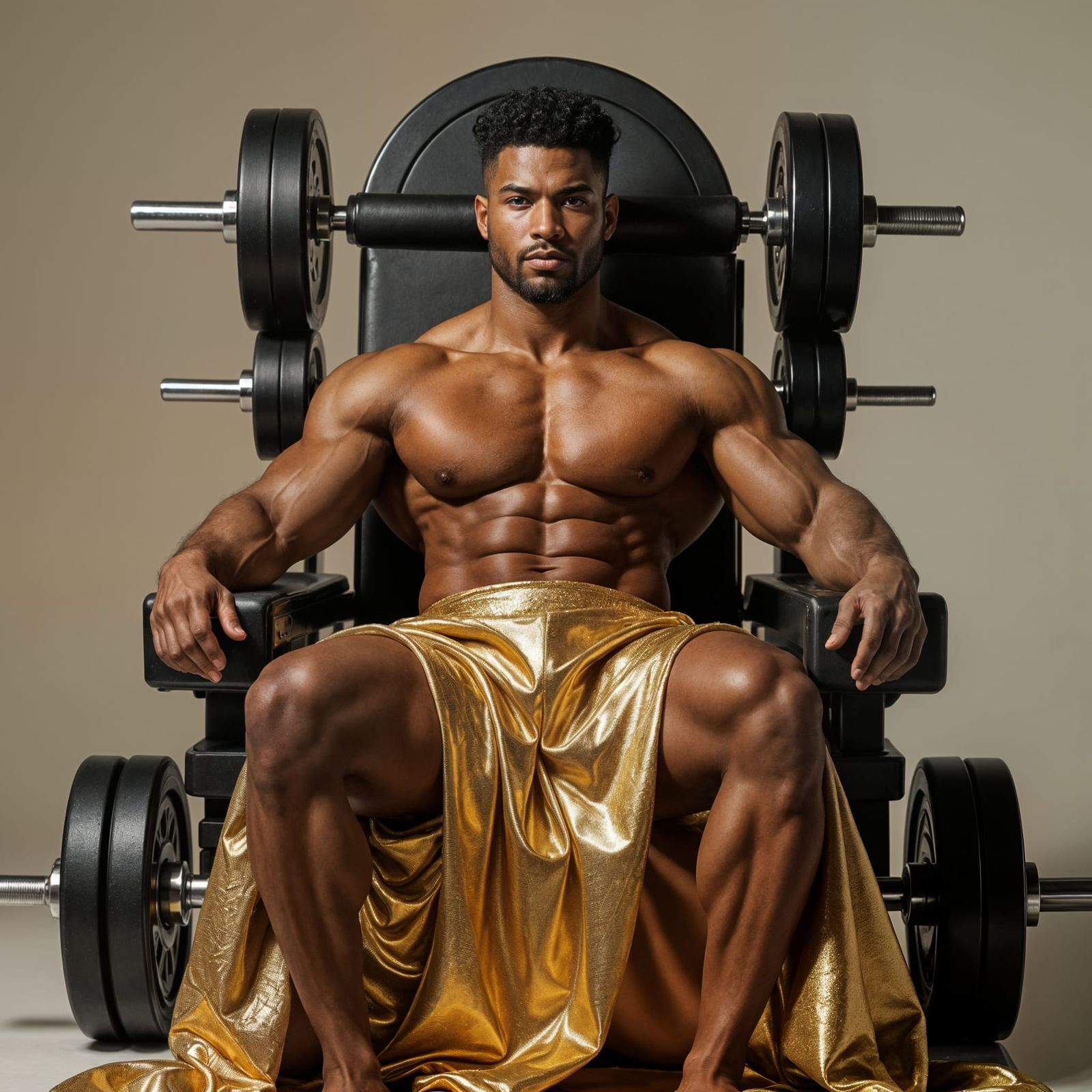 Man on Dumbbell Throne in Hyperrealistic Style