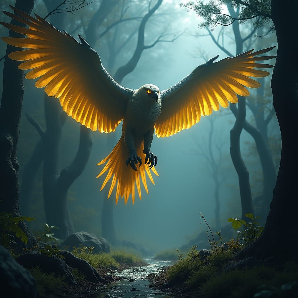 Eagle-Cobra Hybrid Stalks Prey in Dark Fantasy Forest