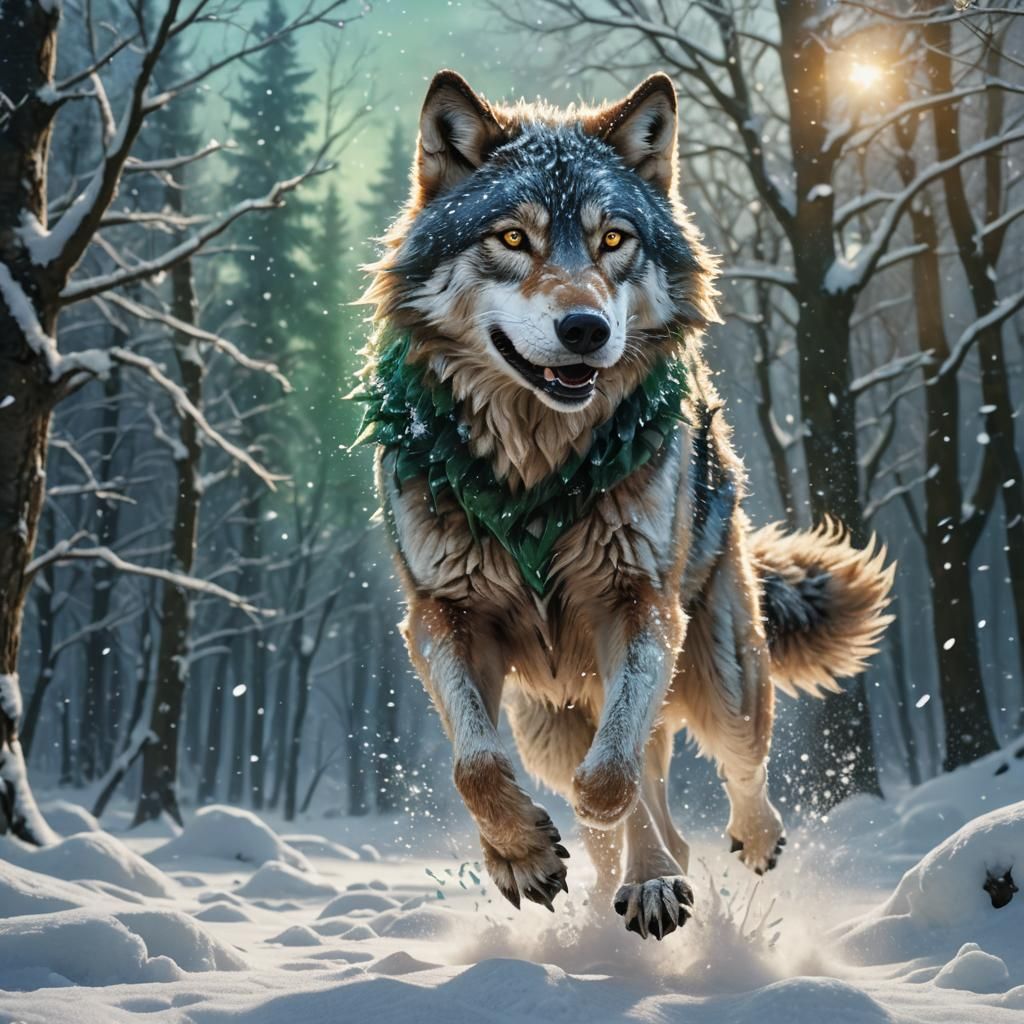 Smiling Wolf Leaping in Snow, Fantasy Concept Art