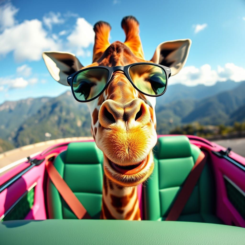 Giraffe Cruising in Italian Alps with Whimsical Style