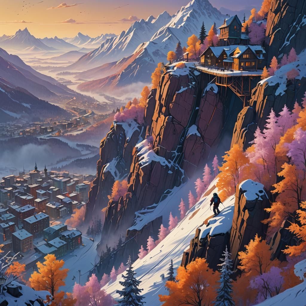 Skier Soaring Over City in Fantasy Art Style