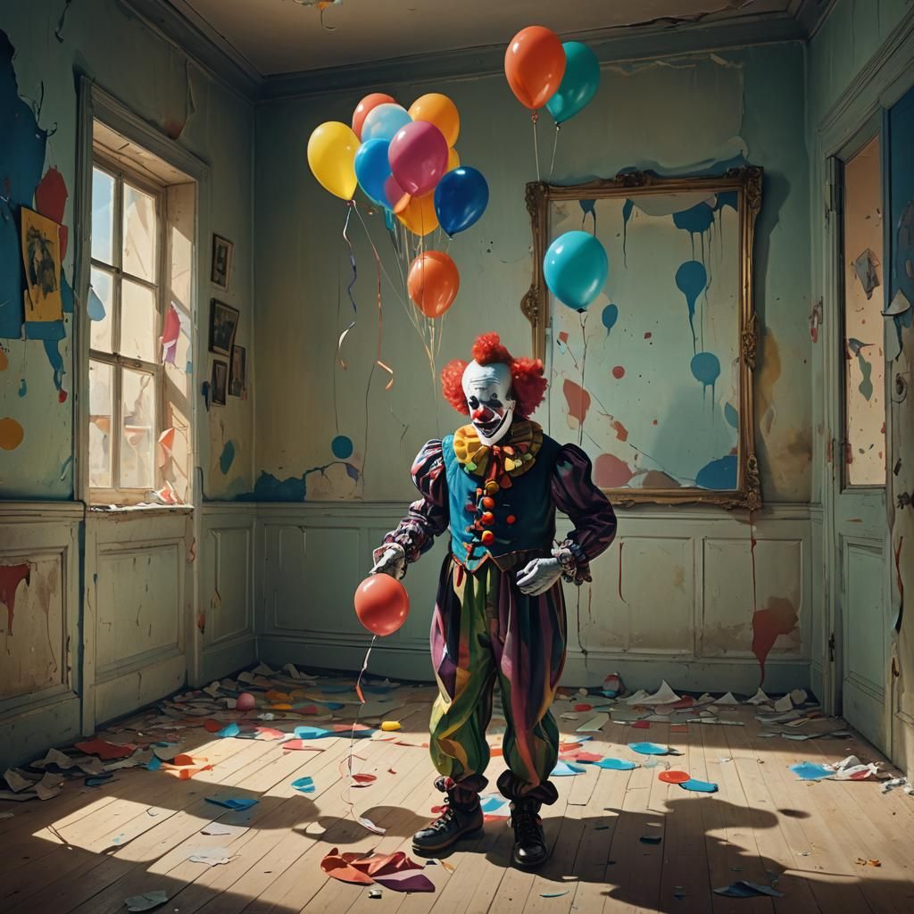Sad Clown in Empty Room: Surrealist Art