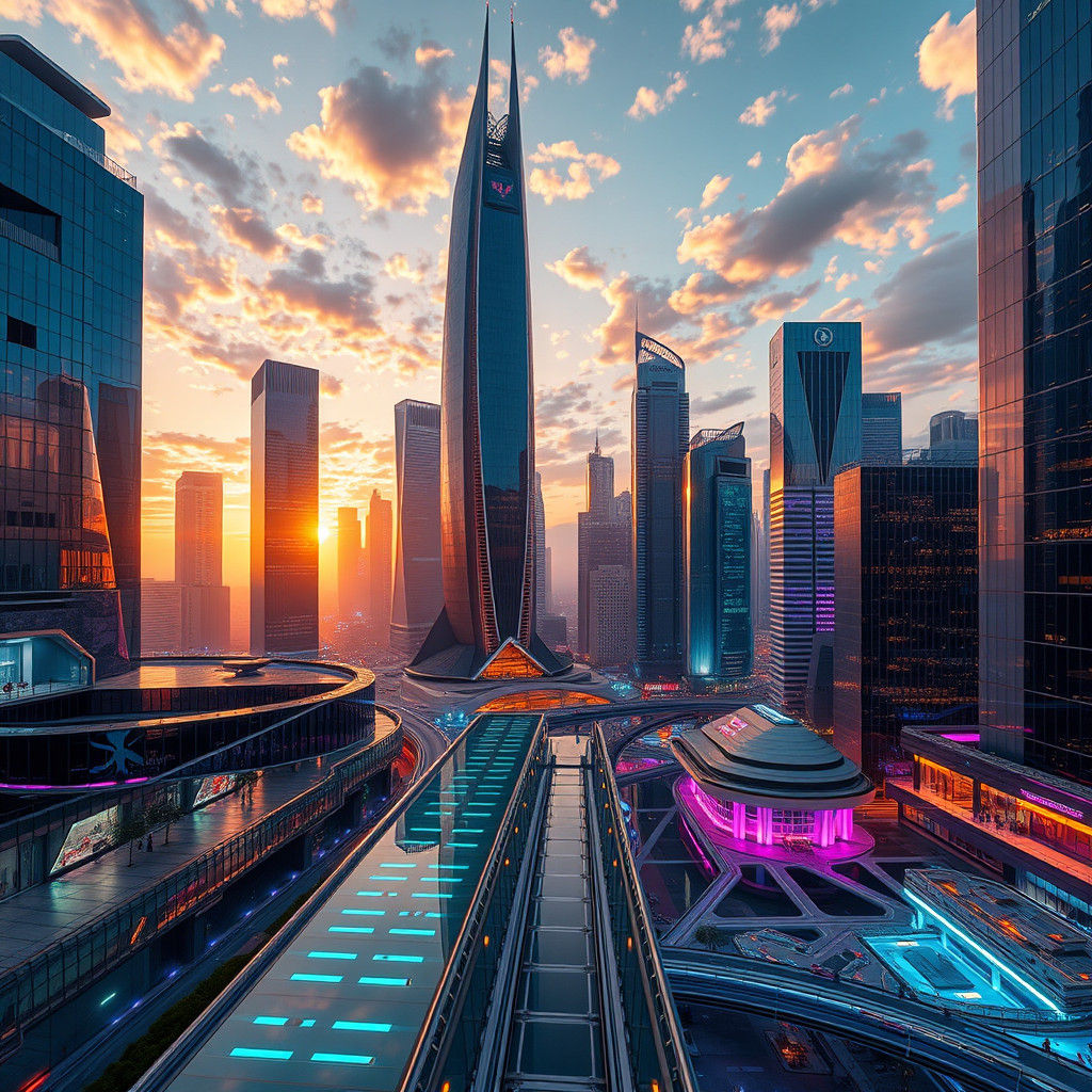 Futuristic Mirrored Cityscape Reflecting Sky in 8K