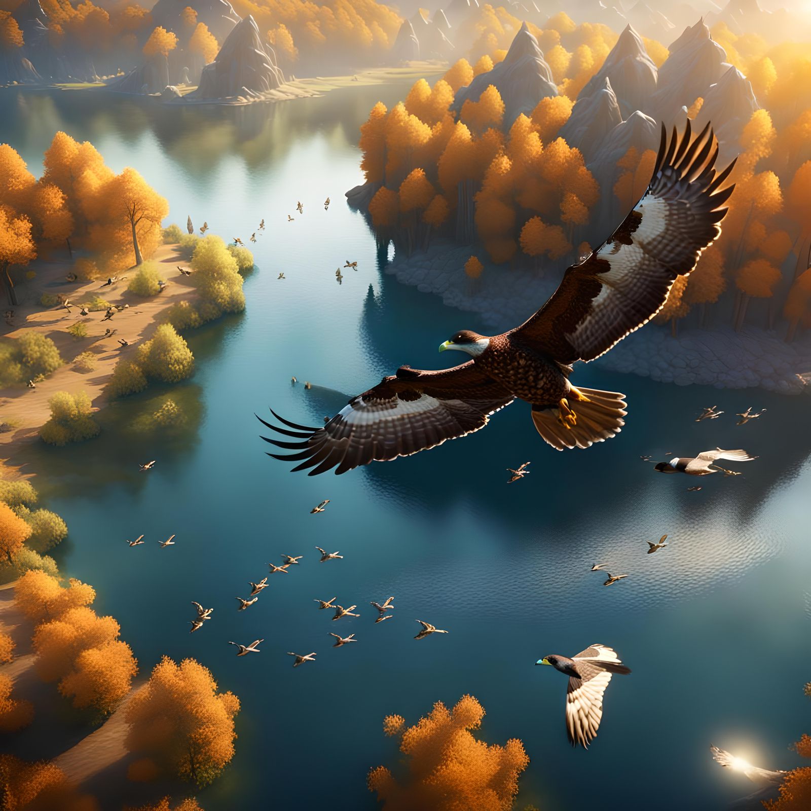 Hawks and Ducks: A Fantastical Lake Scene