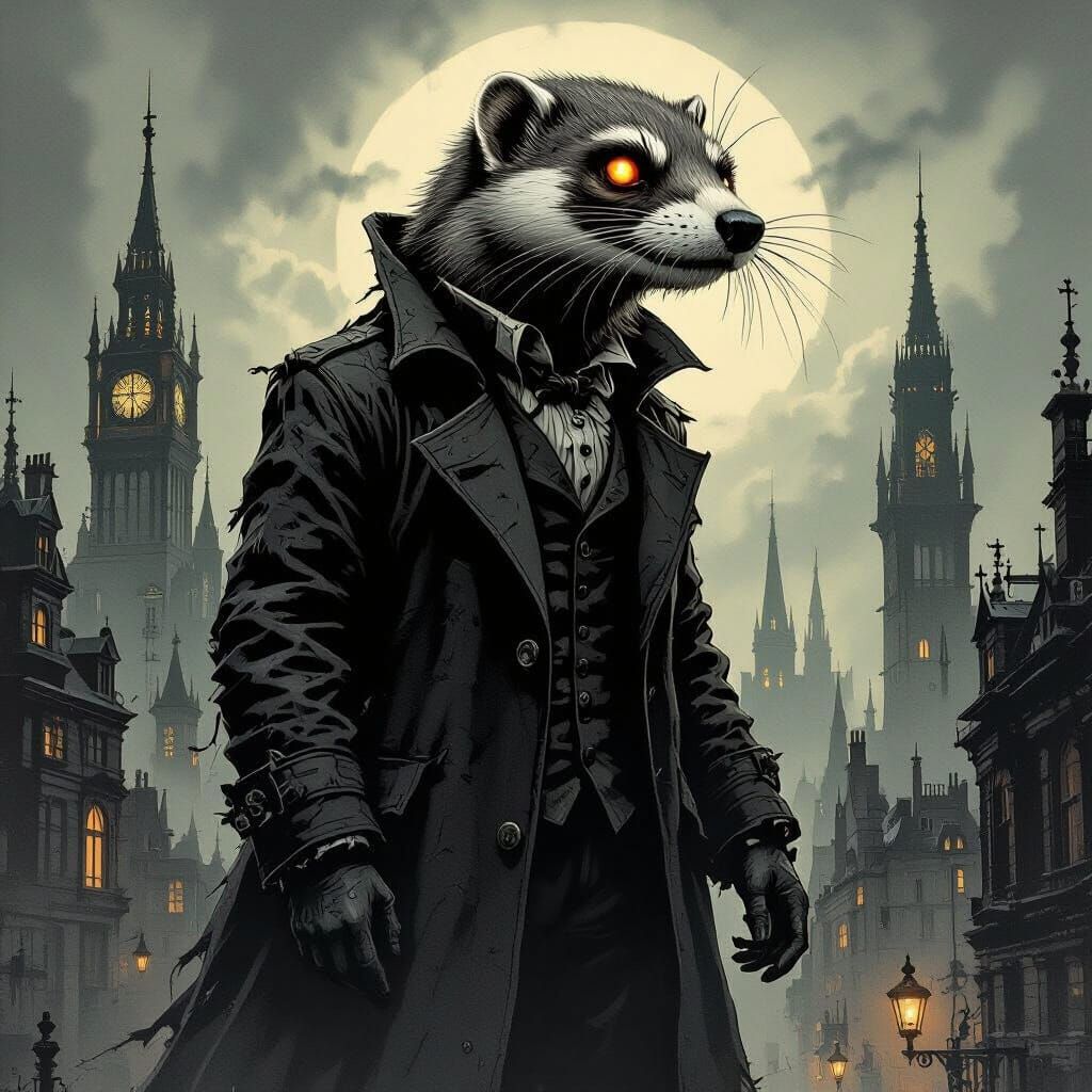 Giant Weasel Towers Over Gothic Cityscape