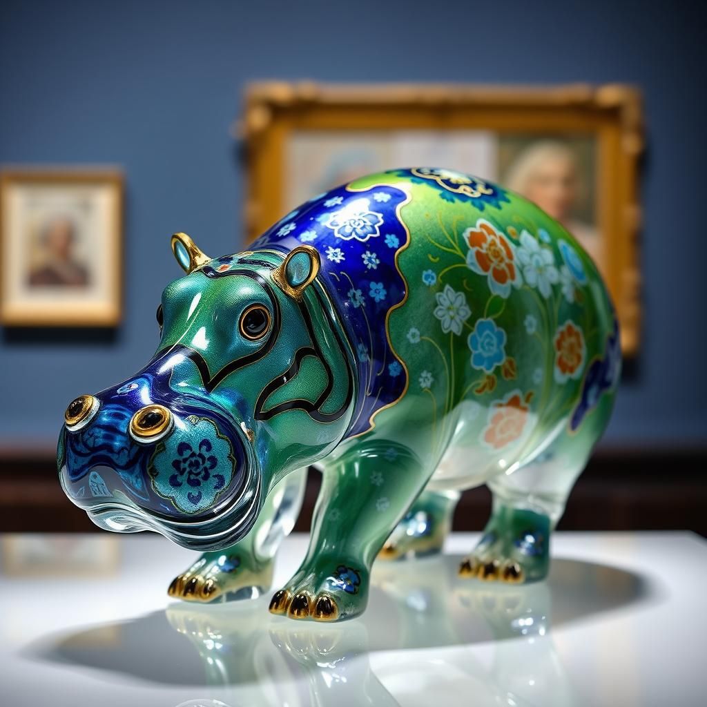 Plique-à-jour Glass Hippopotamus Figurine