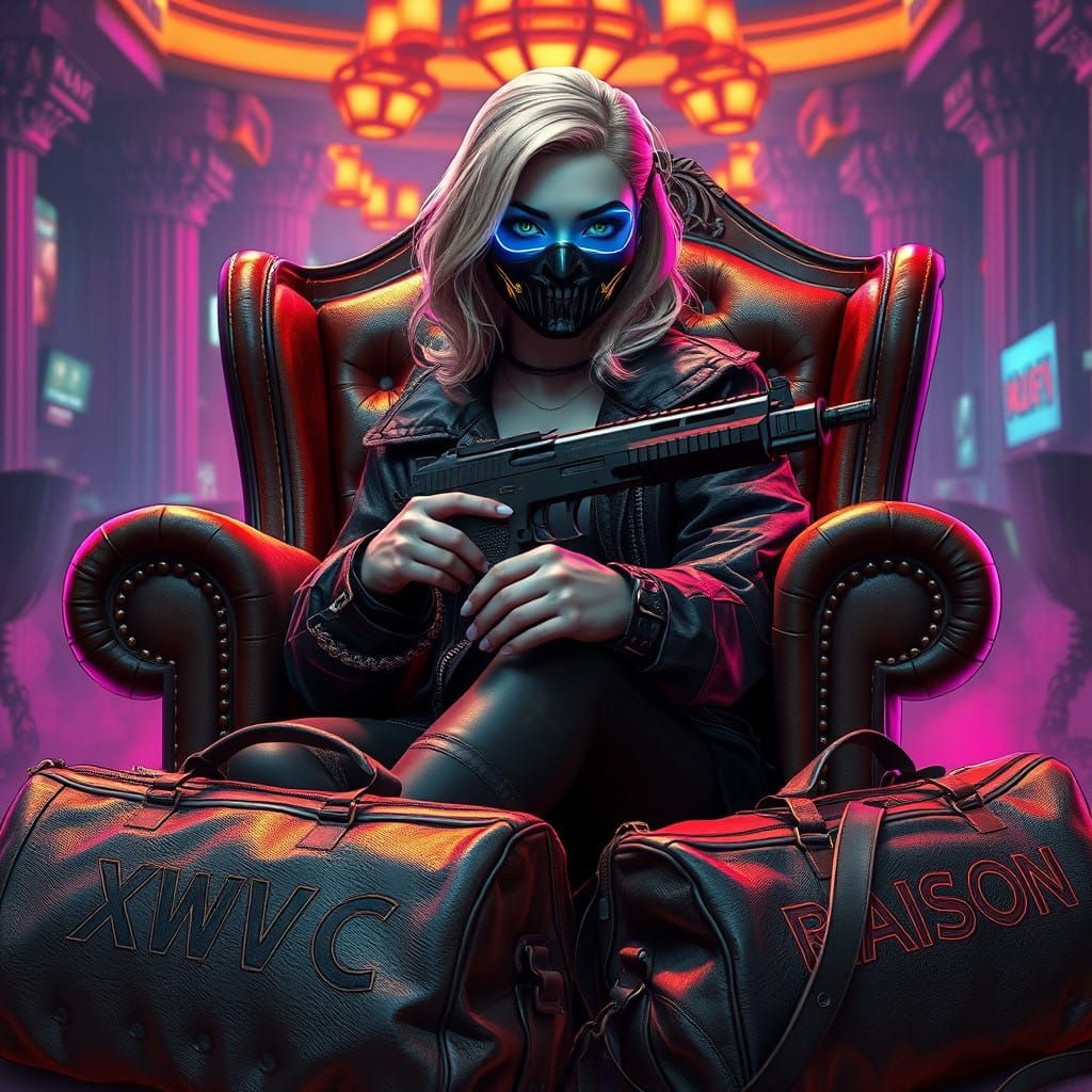 Cyberpunk Goddess in Neon-Masked Opulence