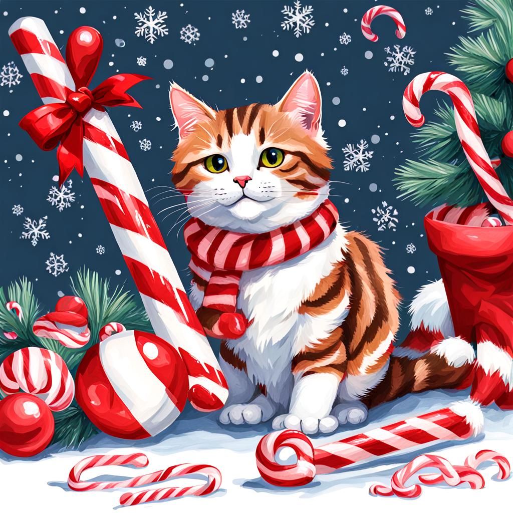 Striped Cat with Christmas Decorations and Candy Canes