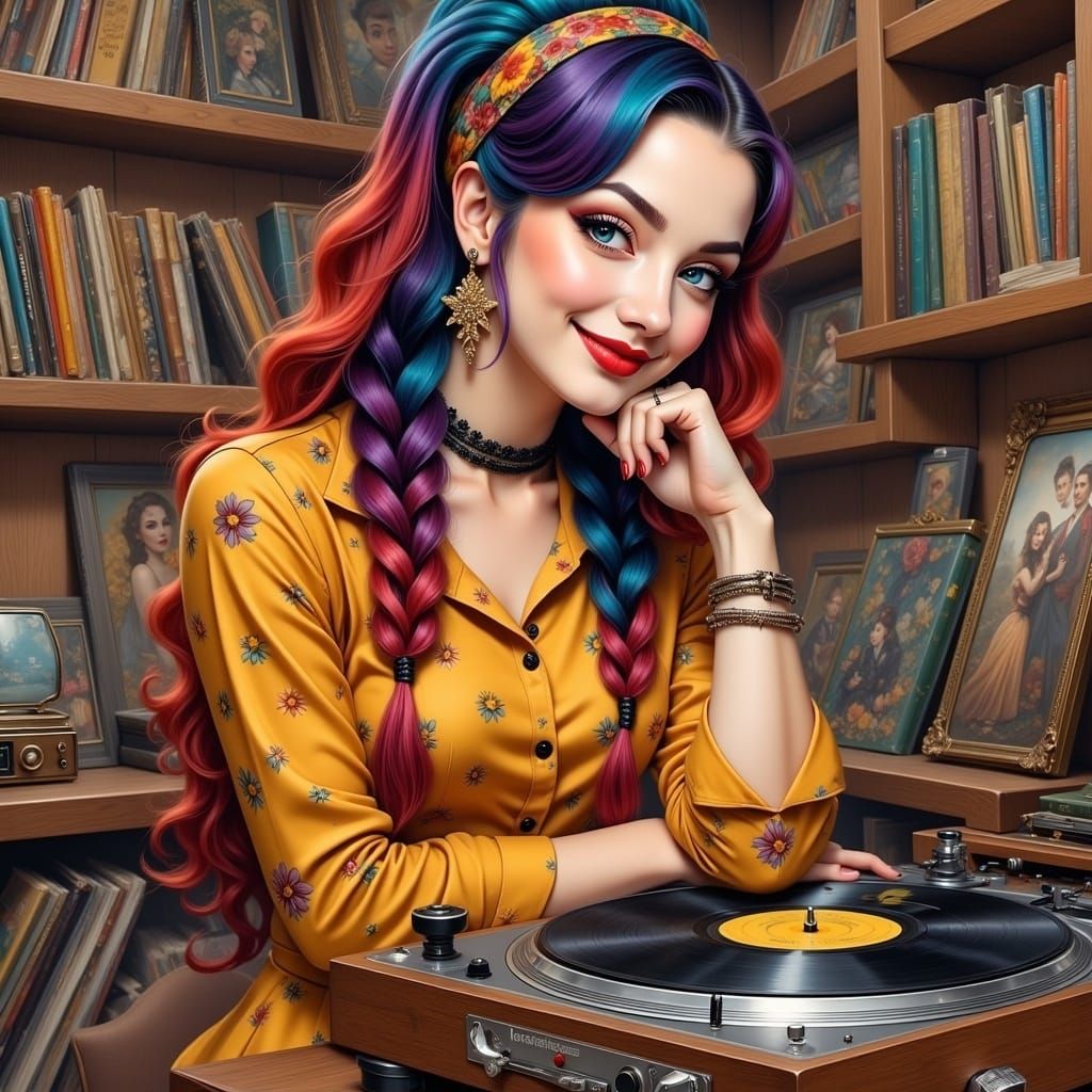 Rainbow Braided Woman in Record Shop