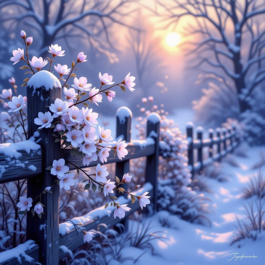 Ethereal Winter Flowers Bloom by Old Fence in Gentle Light
