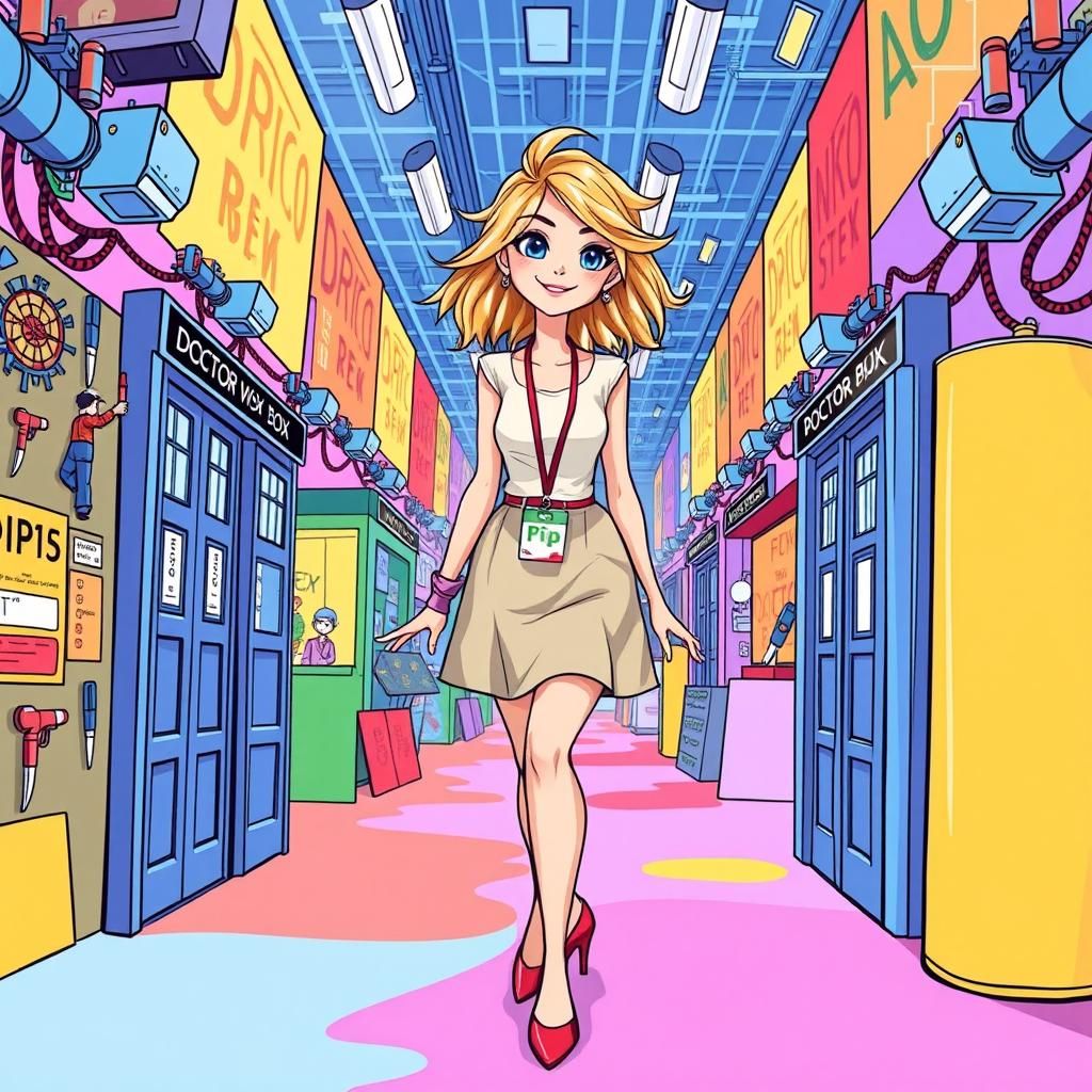 Whimsical cartoon illustration, scatty blonde woman in charg...