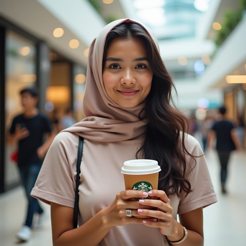 Indonesian Woman with Starbucks Cup in Mall
