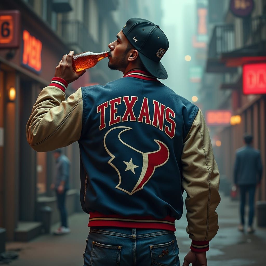 Confident Gangster in Vintage Houston Texans Jacket with Chr...