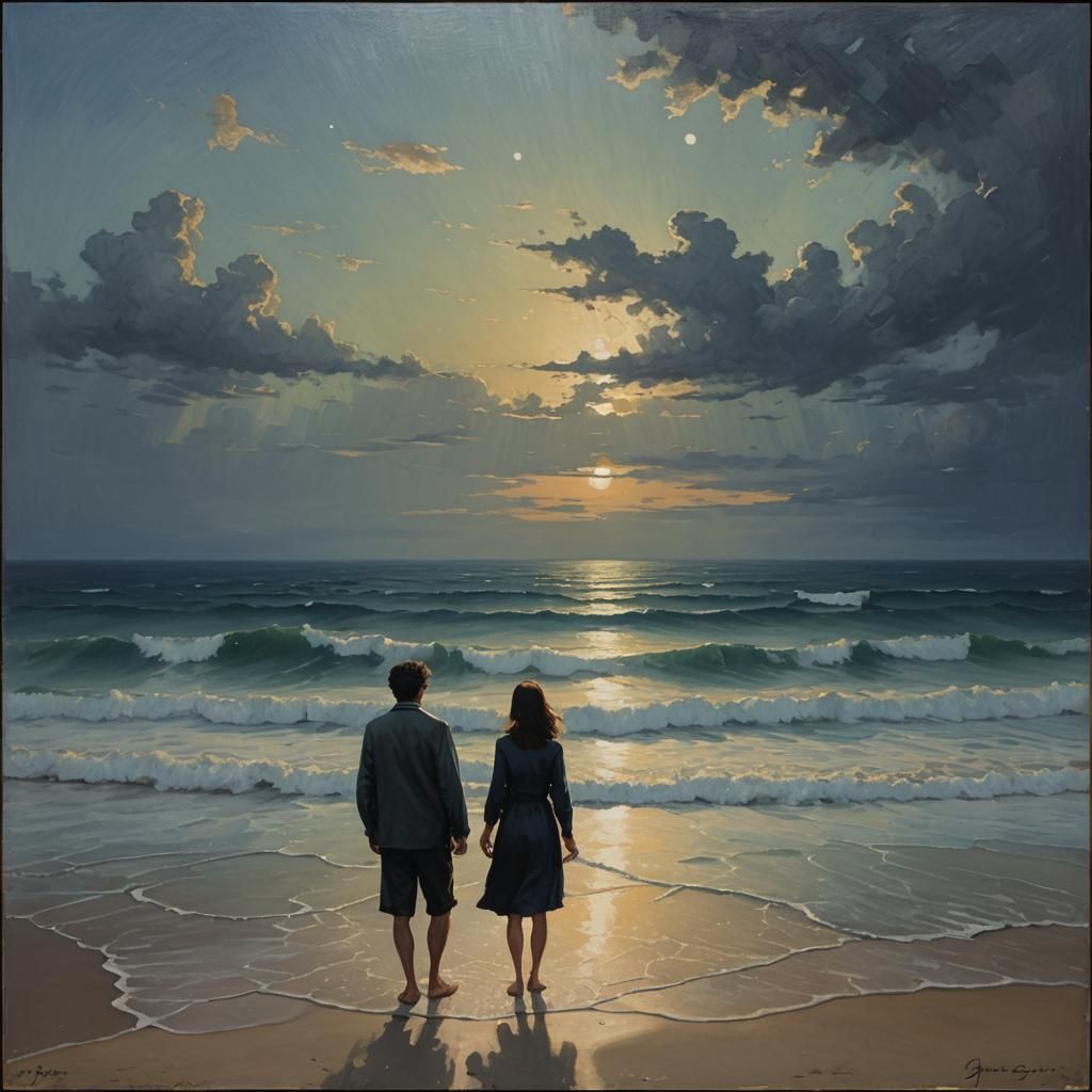 Atmospheric Seascape Oil Painting of Endless Twilight