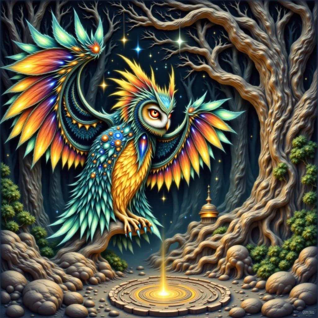 Ethereal Owl Creature in Mystical Twilight Forest